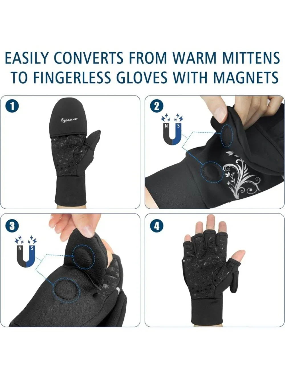 Magnetic Convertible Running Mittens | Fingerless Winter Gloves with Grip